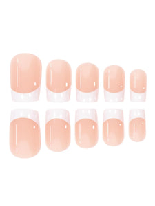 Secret Lives Glossy Reusable Artificial Translucent Peach Color with White Tips French Designer Luxury Fake False Press on Nails 24 pieces Set with Kit