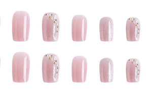 Secret Lives Designer Cats Eye Reusable Artificial Nails Extension Pink Color with 3d White and Golden Pearl Fake Nails Design 24 Pieces Set with Manicure Kit