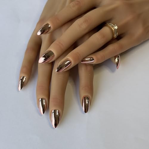 Mesmerayz Rose Chrome Soft Gel Press-On Nails | 24 Reusable Almond-Shaped Artificial Nail Tips | Mirror Glossy Finish | No Glue Needed | Trendy DIY Manicure Set for Women & Girls