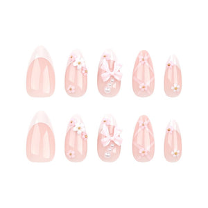 Secret Lives Glossy Reusable Artificial Translucent Pink Color with 3D Bow & 3D Flower Design Press on nails 24 Pieces Set with Kit