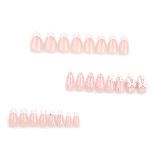 Secret Lives Glossy Reusable Artificial Translucent Pink Color with 3D Bow & 3D Flower Design Press on nails 24 Pieces Set with Kit
