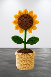 Handmade Crochet Sunflower Plant with Pot, Yellow Flower with Green Leaves, Decorative Home Decor, Car Dash Decoration Pack-1