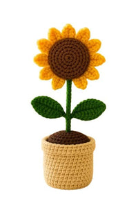 Handmade Crochet Sunflower Plant with Pot, Yellow Flower with Green Leaves, Decorative Home Decor, Car Dash Decoration Pack-1