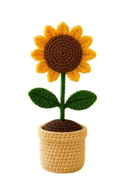 Handmade Crochet Sunflower Plant with Pot, Yellow Flower with Green Leaves, Decorative Home Decor, Car Dash Decoration Pack-1