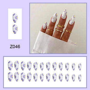 White with Flower Design Premium Matte Press On Nails / False Nails / Ready to Wear Nails / Glue on Nails For Girls and Women - 14 Pcs