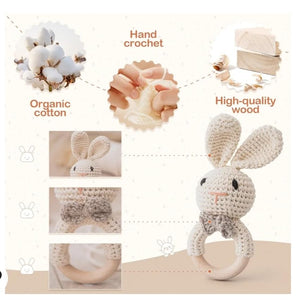 Handmade Crochet Baby Bunny Rattle and Teething Ring | Off-White| Music Shaker for Rattle Hand Grip | Eco-Friendly | (3+Months)