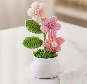Crochet Flowers Artificial Daisy for Office Desk Car Dashboard Decor,Home Decoration, Office, Bedroom, Christmas Decor, Wedding,Diwali. (Triple Pink Daisy with Pot)