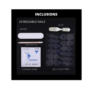 Coslifestore-PRESS ON NAILS- PACK OF 24 Gel nails WITH FULL APPLICATION KIT- REUSABLE FALSE NAILS- BUFFER, NAIL GLUE , 24 JELLY TABS