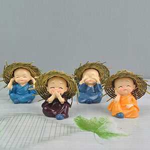 TIED RIBBONS Set of 4 Buddha Monk Statue Figurines Showpiece for Home Decoration Car Dashboard Living Room Bedroom Table Wall Decorative Gift Items (Miniature, Multi)