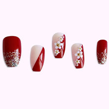 Load image into Gallery viewer, Gloss &amp; Go 24 Reusable Artificial Fake Nail Set| Maroon Color With 3D White Flower Nails With Golden Glitter Glossy Nails| Lightweight &amp; Long Lasting| Quick Fix For Festivals &amp; Special Occasions
