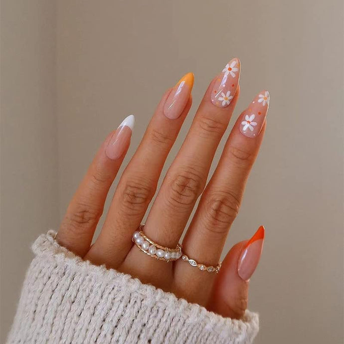 Gush Beauty Press On Nails | Reusable Extensions | Artificial Nails Set | Long Lasting Design | Glue Tabs and nail glue included | Pack of 24 Nails | For women (Spring Daisy Tips - Medium Almond)