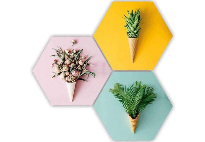 Floral Flower and Leaf in Cone Pot 3 Piece UV Textured Multi-Effect Self adheshive Painting 17 Inch X 17 Inch SANFHX141,Multicolour