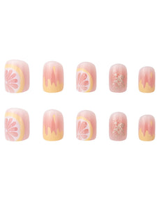 Secret Lives Acrylic Fake Reusable False Artifical Press On Nails Translucent Lemon Design With Red Color Path And Glitter Design 24 Pieces Kit