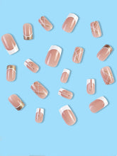 Load image into Gallery viewer, Secret Lives Artifical Fake Reusable False Acrylic Press On Nails French Nails With Golden Glitter And Check Design 24 Pieces With Kit
