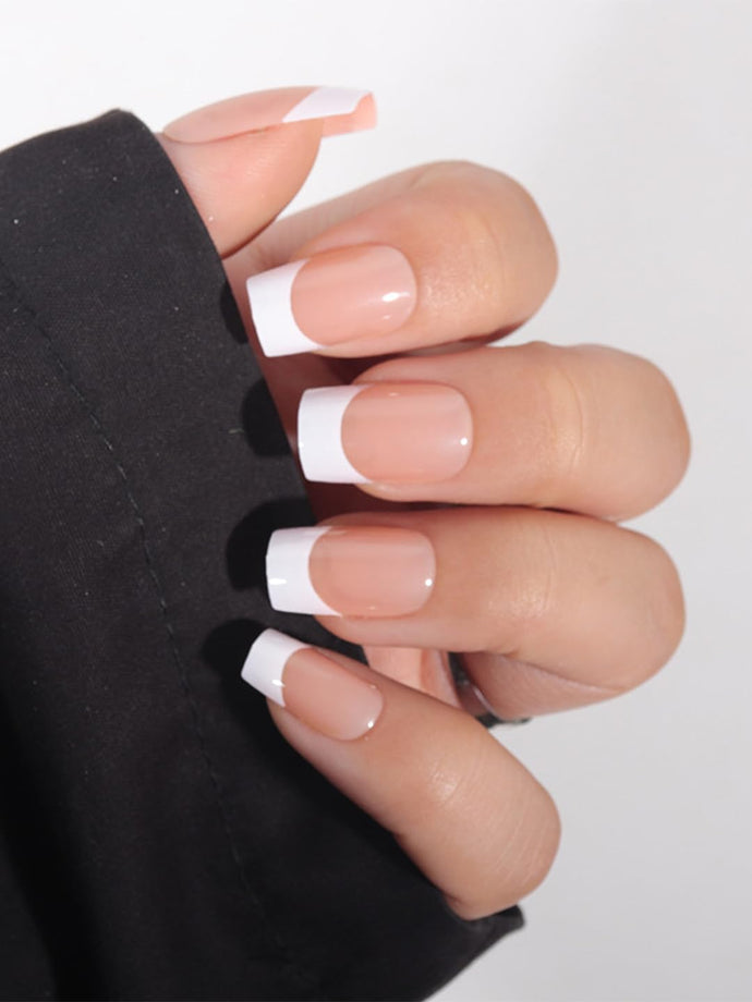 Secret Lives Glossy Reusable Artificial Translucent Peach Color with White Tips French Designer Luxury Fake False Press on Nails 24 pieces Set with Kit