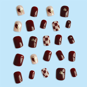 Secret Lives Glossy Reusable Artifical Fake False Press on Nails for Women Red Color with Check Design Long Lasting 24 PCS Set with Kit