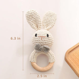 Handmade Crochet Baby Bunny Rattle and Teething Ring | Off-White| Music Shaker for Rattle Hand Grip | Eco-Friendly | (3+Months)