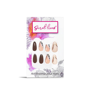 Secret Lives Reusable Artificial Almond shape Brown & Coffe color with Black Curve White Leaves & Golden Glitter Women's Designer Press on Nails with Kit