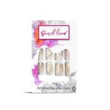 Load image into Gallery viewer, Secret Lives Acrylic Fake Reusable False Artifical Press On Nails Translucent Pink Color With Silverish Golden Glitter 3D Flowers And Pearl Design 24 Pieces With Kit
