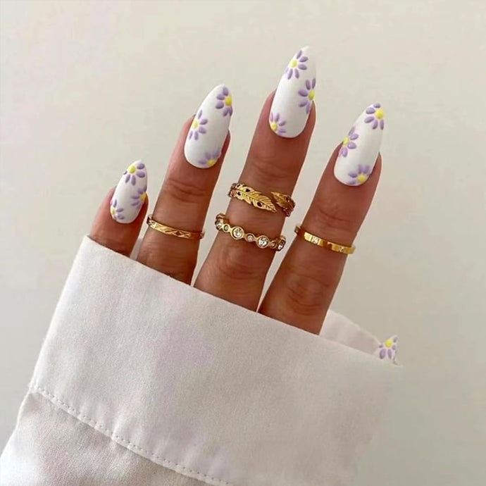 White with Flower Design Premium Matte Press On Nails / False Nails / Ready to Wear Nails / Glue on Nails For Girls and Women - 14 Pcs