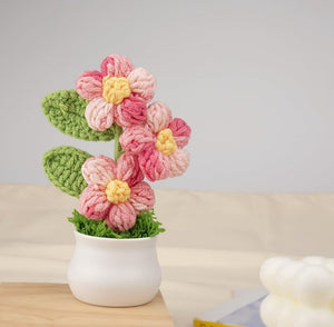 Crochet Flowers Artificial Daisy for Office Desk Car Dashboard Decor,Home Decoration, Office, Bedroom, Christmas Decor, Wedding,Diwali. (Triple Pink Daisy with Pot)