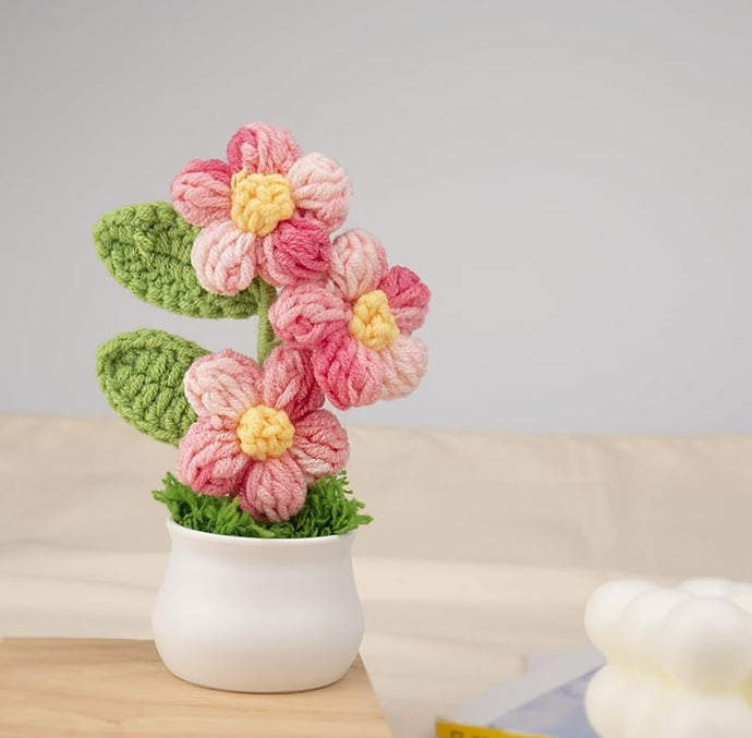 Crochet Flowers Artificial Daisy for Office Desk Car Dashboard Decor,Home Decoration, Office, Bedroom, Christmas Decor, Wedding,Diwali. (Triple Pink Daisy with Pot)