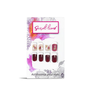 Secret Lives Glossy Reusable Artifical Fake False Press on Nails for Women Red Color with Check Design Long Lasting 24 PCS Set with Kit