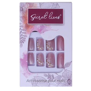 Secret Lives Designer Cats Eye Reusable Artificial Nails Extension Pink Color with 3d White and Golden Pearl Fake Nails Design 24 Pieces Set with Manicure Kit