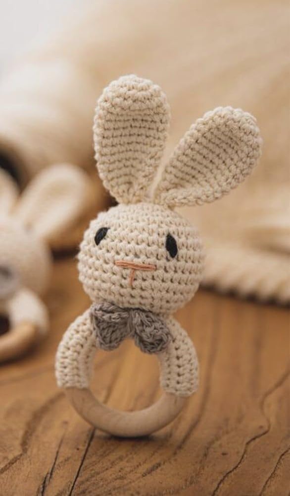 Handmade Crochet Baby Bunny Rattle and Teething Ring | Off-White| Music Shaker for Rattle Hand Grip | Eco-Friendly | (3+Months)
