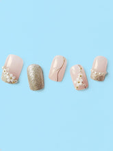 Load image into Gallery viewer, Secret Lives Acrylic Fake Reusable False Artifical Press On Nails Translucent Pink Color With Silverish Golden Glitter 3D Flowers And Pearl Design 24 Pieces With Kit
