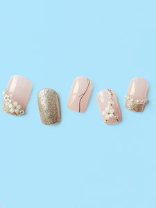 Secret Lives Acrylic Fake Reusable False Artifical Press On Nails Translucent Pink Color With Silverish Golden Glitter 3D Flowers And Pearl Design 24 Pieces With Kit