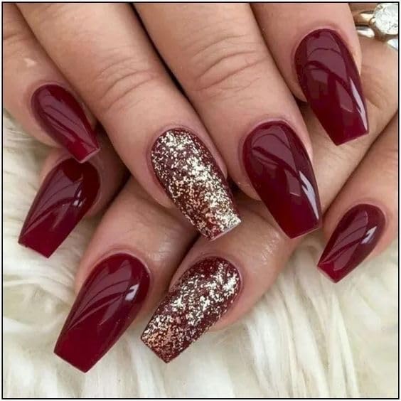 Gloss & Go 24 Reusable Artificial Fake Nail Set| Ballerina Shape Long Maroon Nails With Golden Glitter Glossy Nails| Lightweight & Long Lasting| Quick Fix For Festivals & Special Occasions