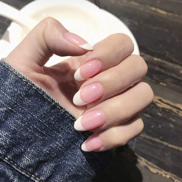 Synaty 24PCS Everlasting French Nails Artificial Nails Art Set (Medium Round)