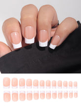Load image into Gallery viewer, Secret Lives Glossy Reusable Artificial Translucent Peach Color with White Tips French Designer Luxury Fake False Press on Nails 24 pieces Set with Kit
