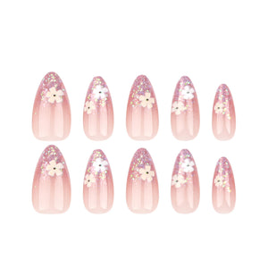 Secret Lives Glossy Artificial Nude Color with Miler Effects Flowers Design Fake False Press on Nails 24 pieces Set with Kit