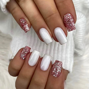 White with Glitter Shade Press On Nails / False Nails / Ready to Wear Nails / Glue on Nails For Girls and Women - 14 Pcs