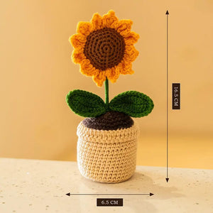 Handmade Crochet Sunflower Plant with Pot, Yellow Flower with Green Leaves, Decorative Home Decor, Car Dash Decoration Pack-1