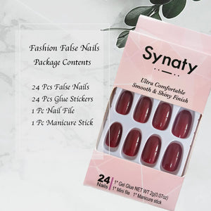 Synaty® 24Pcs Pure Color Fake Nails Artificial Nails Art Set (Wine Red)