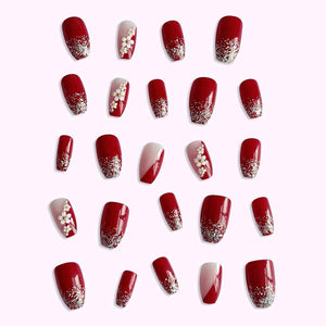 Gloss & Go 24 Reusable Artificial Fake Nail Set| Maroon Color With 3D White Flower Nails With Golden Glitter Glossy Nails| Lightweight & Long Lasting| Quick Fix For Festivals & Special Occasions