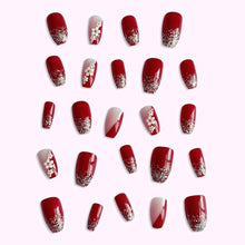 Load image into Gallery viewer, Gloss &amp; Go 24 Reusable Artificial Fake Nail Set| Maroon Color With 3D White Flower Nails With Golden Glitter Glossy Nails| Lightweight &amp; Long Lasting| Quick Fix For Festivals &amp; Special Occasions
