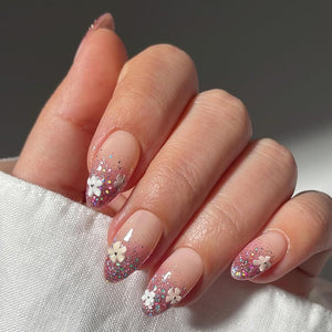 Secret Lives Glossy Artificial Nude Color with Miler Effects Flowers Design Fake False Press on Nails 24 pieces Set with Kit
