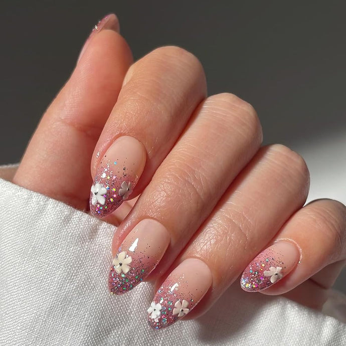 Secret Lives Glossy Artificial Nude Color with Miler Effects Flowers Design Fake False Press on Nails 24 pieces Set with Kit