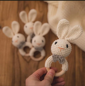 Handmade Crochet Baby Bunny Rattle and Teething Ring | Off-White| Music Shaker for Rattle Hand Grip | Eco-Friendly | (3+Months)