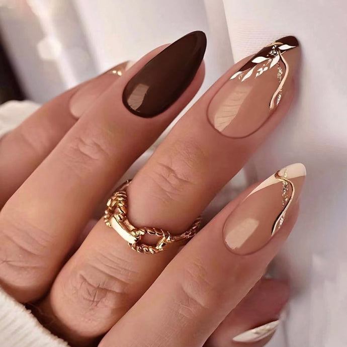 Secret Lives Reusable Artificial Almond shape Brown & Coffe color with Black Curve White Leaves & Golden Glitter Women's Designer Press on Nails with Kit