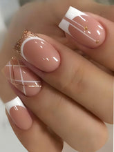 Load image into Gallery viewer, Secret Lives Artifical Fake Reusable False Acrylic Press On Nails French Nails With Golden Glitter And Check Design 24 Pieces With Kit
