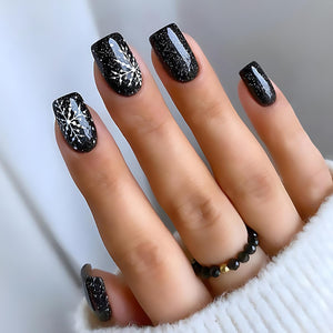 Glossy Black Sparkle Design Press On Nails / False Nails / Ready to Wear Nails / Glue on Nails For Girls and Women - 14 Pcs
