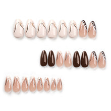 Load image into Gallery viewer, Secret Lives Reusable Artificial Almond shape Brown &amp; Coffe color with Black Curve White Leaves &amp; Golden Glitter Women&#39;s Designer Press on Nails with Kit
