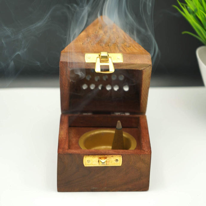 Wooden Pyramid Shape Incense Box Hoder Stand | Wooden Agarbatti Stand with ash Catcher for Home Office | Incense Sticks Holder (Medium)
