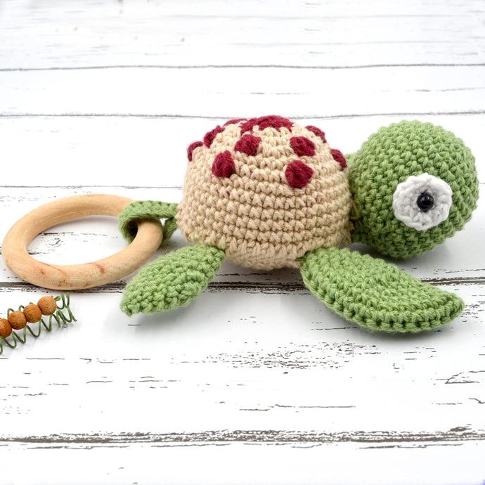 Crochet Rattle Cum Soft Toy for Infant, Kids & Babies, Early Age Gift Toys (Turtle - Green)