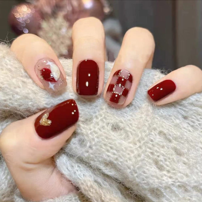 Secret Lives Glossy Reusable Artifical Fake False Press on Nails for Women Red Color with Check Design Long Lasting 24 PCS Set with Kit